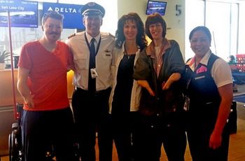 Heather Madsen, with brother Logan, and mother, Debbie Jorde, with Delta pilot, caregiving.